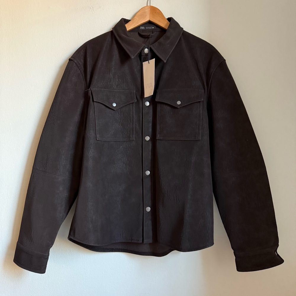 New Zara Relaxed Fit Faux Leather Overshirt Jacket Brown Pockets Button Size XL - Picture 8 of 16